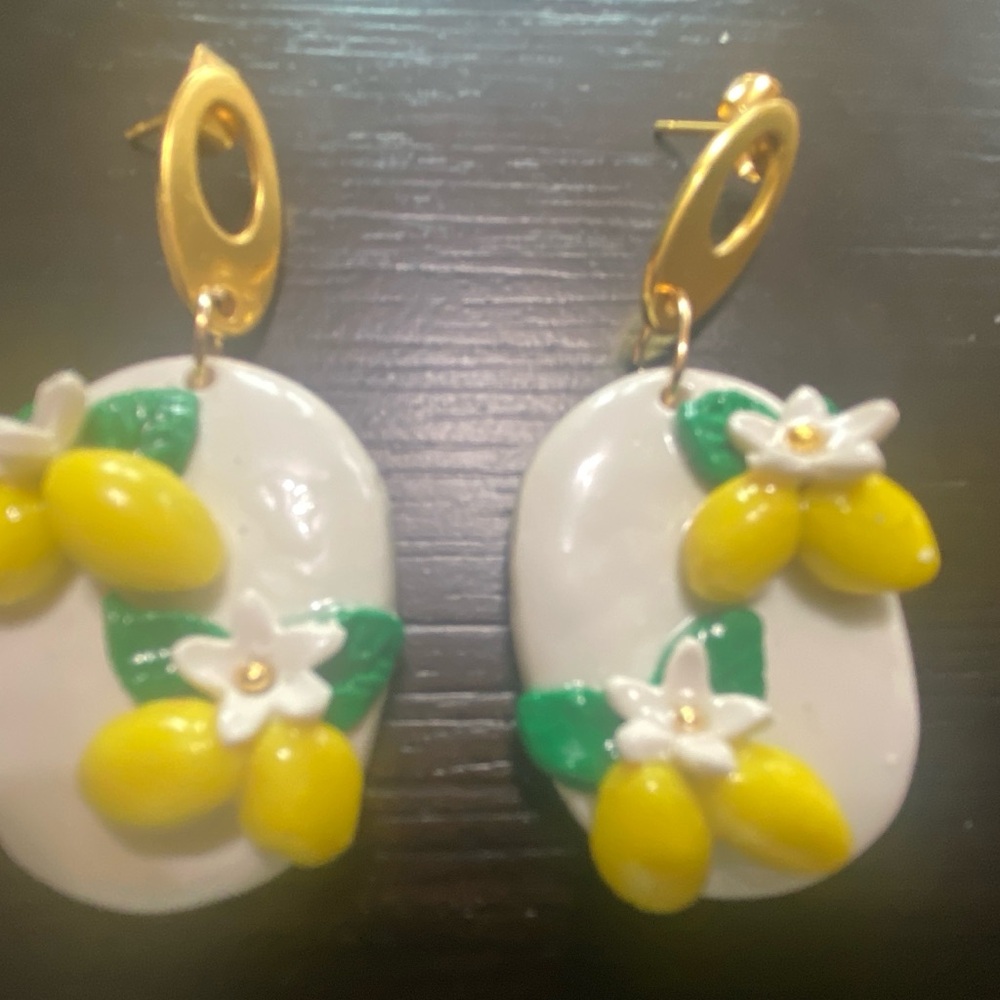 Handmade Yellow Lemon Drop Dangle Earrings - White & Gold Accents